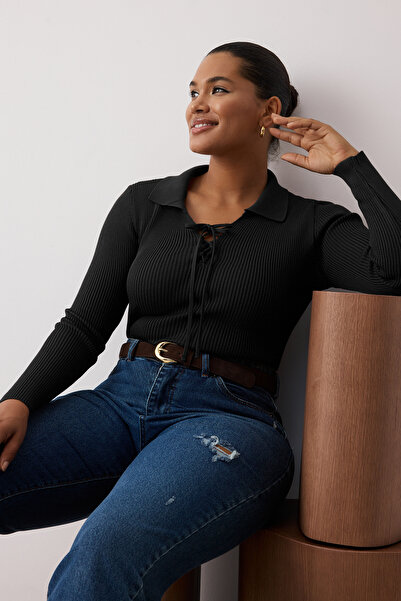 Trendyol Curve Black Polo Neck Ribbed Slim Knit Blouse Tbbaw26Af00001