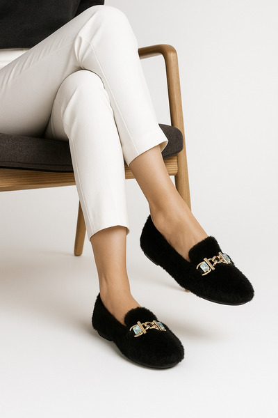 Beyond Women's Black Plush Home Slippers with Stone Accessories Byndvt02