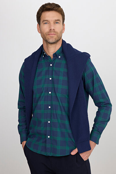 Tudors Ανδρικό πουκάμισο με κανονική εφαρμογή με κλασικό γιακά με κουμπιά, μικρό καρό βαμβακερό πράσινο-μπλε πουκάμισο