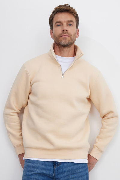 Tudors Світшот унісекс Relax Fit комфортного крою з бавовняного флісу всередині на пів-блискавці екрю з коміром-стійкою