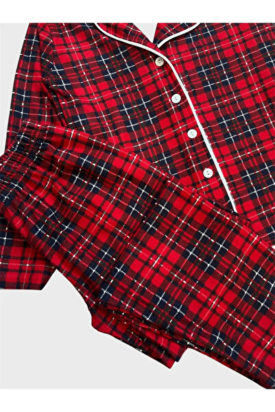 Genel Markalar Kız Çocuk Pamuklu Süet Kumaş Kırmızı Ekose Desenli Gömlek Yaka Düğmeli Uyku Gözlüklü Pijama Takımı