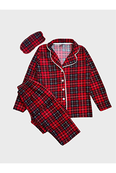 Genel Markalar Kız Çocuk Pamuklu Süet Kumaş Kırmızı Ekose Desenli Gömlek Yaka Düğmeli Uyku Gözlüklü Pijama Takımı