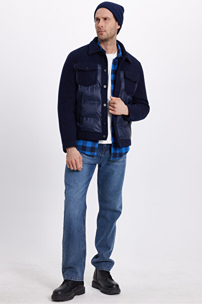 Tudors Men's Regular Fit Classic Cut Double Pocket Classic Collar Navy Blue Cashmere Coat