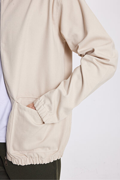 Tudors Men's Relax Fit Comfortable Cut Double Pocket Flap Zippered Elastic Waist Plain Beige Jacket Coat Shirt