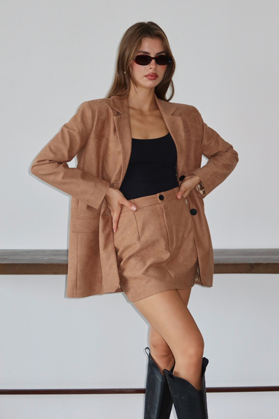 Trendyol Collection Brown Woven Suede Long Coat Mini Skirt Bottom Top Set Twoaw26Au00105
