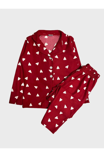 Genel Markalar Kız Çocuk Pamuklu Süet Kumaş Kırmızı Kalp Desenli Gömlek Yaka Düğmeli Uzun Kollu Pijama Takımı