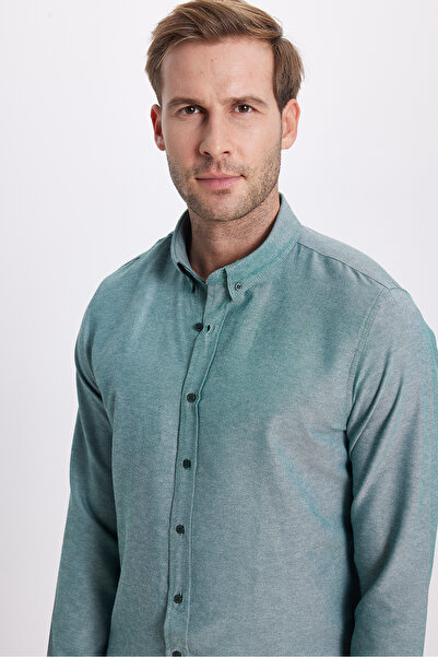 Tudors Ανδρικό πουκάμισο με μακρυμάνικο βαμβακερό ύφασμα Oxford με λεπτή εφαρμογή, εύκολο στο σιδέρωμα, πράσινο πουκάμισο με γιακά με κουμπιά