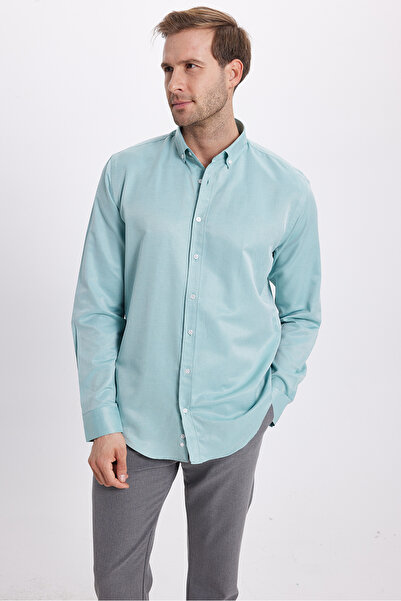 Tudors Men's Slim Fit Slim Fit Cotton Easy-Iron Green Button Collar Shirt