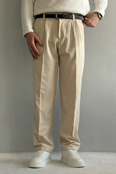 Trendyol Collection Ecru Men's Baggy Fit Velvet Trousers Tmnaw26Pl00022