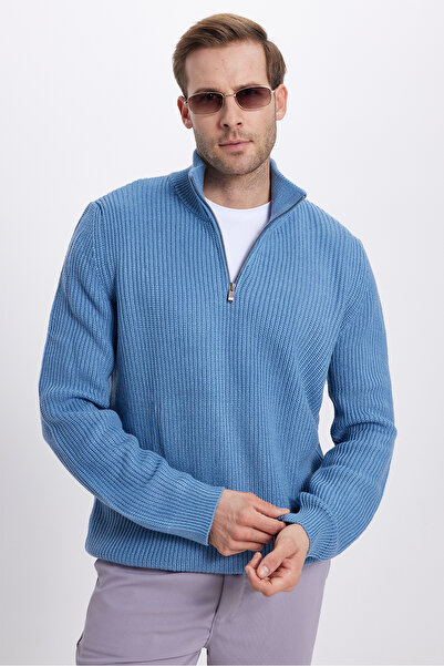 Tudors Ανδρικό πλεκτό πουλόβερ με λεπτή εφαρμογή με φερμουάρ Indigo Stand Collar