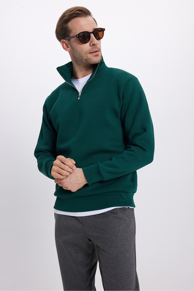 Tudors Unisex mikina Relax Fit Pohodlný střih Bavlna Fleece Uvnitř Poloviční zip Khaki Stojáček s límečkem