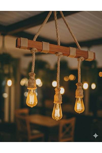 AYBÜK PABUÇ Jüt Halat Sarkıt Ahşap Avize Sarkıt Lamba Rustik Aydınlatma Bohem...