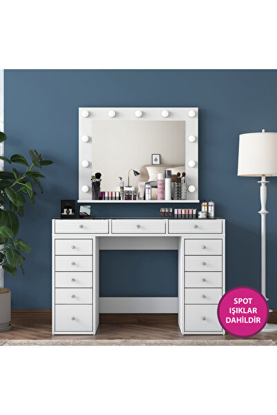 Rani Mobilya Rani Bj118 Hollywood Işıklı Aynalı Kulis Makyaj Masası Cam Tablalı Takı Düzenleyici Beyaz