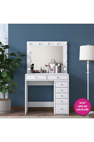 Rani Mobilya Rani Bj115 Hollywood Işıklı Aynalı Kulis Makyaj Masası 7 Çekmeceli Takı Düzenleyici Beyaz
