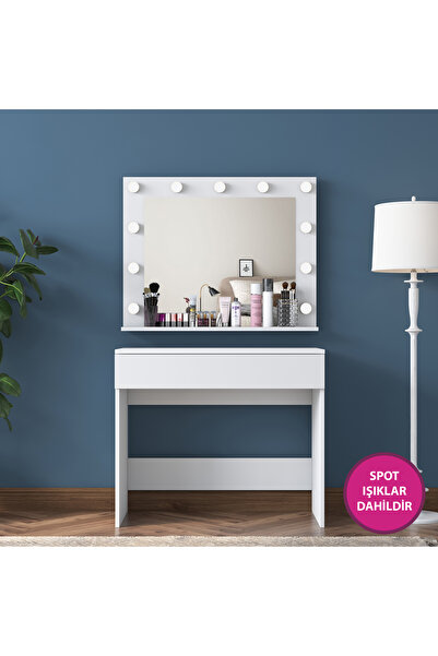 Rani Mobilya Rani BJ120 Hollywood Işıklı Aynalı Kulis Makyaj Masası Takı Düzenleyici Beyaz