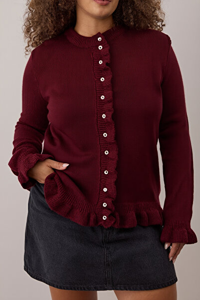 Trendyol Curve Burgundy Button & Flywheel Detailed Soft Textured Knitwear Cardigan Tbbaw26Av00031