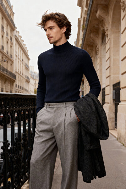 Trendyol Collection Бавовняний ребристий светр Светр темно-синій з напівводолазкою Slim Fit TMNAW21KZ0568