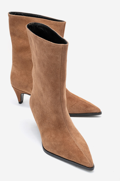 LuviShoes Γυναικείες μπότες με κοντό τακούνι ALEO Earth Suede από γνήσιο δέρμα με μυτερή μύτη