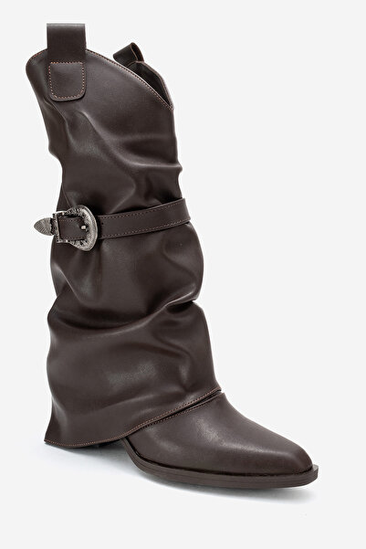 LuviShoes Dámské krátké kozačky Okus Brown Skin se sponou na tlustém podpatku