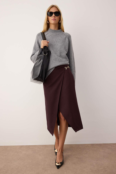 Trendyol Collection Dark Brown Accessory Detailed Double Breasted Slit Midi Woven Skirt Twoaw26Et00080