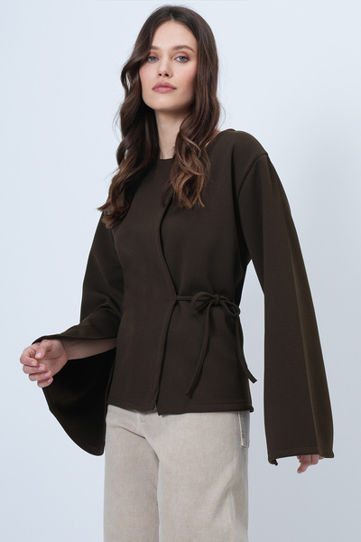 Trend Alaçatı Stili Women's Khaki Double-Breasted Tie Detail Slit Sleeve Blouse Alc-X14687