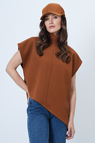 Trend Alaçatı Stili Women's Cinnamon Mock Neck Asymmetric Cut Sleeveless Blouse Alc-X14686