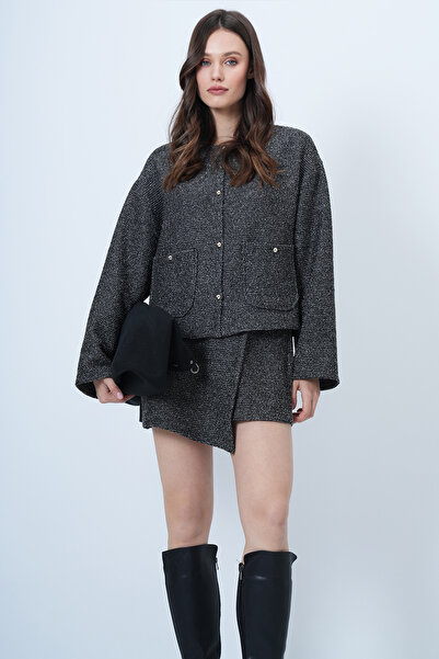 Trend Alaçatı Stili Women's Anthracite Gray Double Pocket Textured Jacket and Wrap-Cut Shorts Skirt Set Alc-X14548