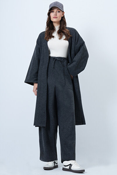 Trend Alaçatı Stili Women's Anthracite Self Textured Knitted Long Kimono and Double Pocket Palazzo Pants Set Alc-X14387