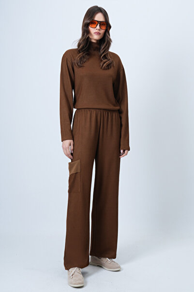 Trend Alaçatı Stili Women Cinnamon Brown Turtleneck Soft Textured Oversized Blouse and Cargo Pants Set Alc-X14381