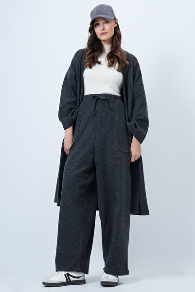 Trend Alaçatı Stili Women's Anthracite Self Textured Knitted Long Kimono and Double Pocket Palazzo Pants Set Alc-X14387