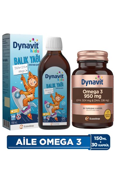 Dynavit Kids Portakal Balık Yağı 150 mL & Omega 3 950 mg 30 Yumuşak Kapsül - Aile Omega 3 Paketi