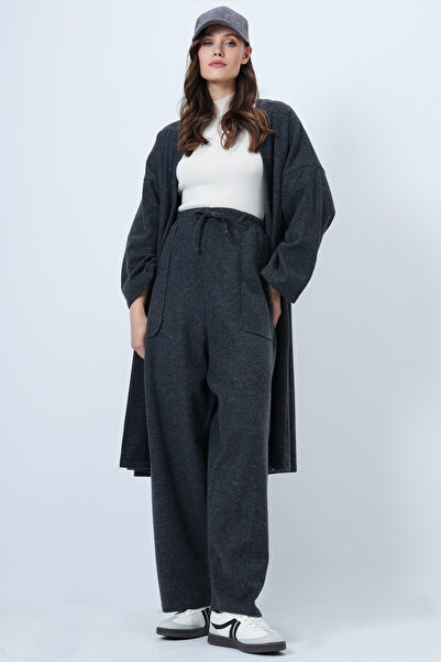Trend Alaçatı Stili Women's Anthracite Self Textured Knitted Long Kimono and Double Pocket Palazzo Pants Set Alc-X14387