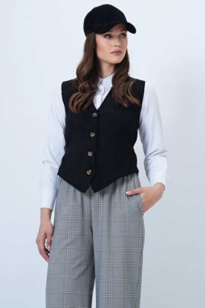 Trend Alaçatı Stili Schwarze Damenweste aus Wildlederimitat mit verstellbarer Taille und Nahtdetails ALC-X14408