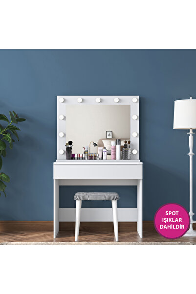 Rani Mobilya Rani BJ121 Hollywood Işıklı Aynalı Kulis Makyaj Masası Takı Düzenleyici + Tabure Takım Beyaz