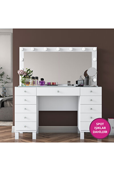 Rani Mobilya Rani BJ137 Hollywood Işıklı Aynalı Kulis Makyaj Masası 11 Çekmeceli Takı Düzenleyici Beyaz