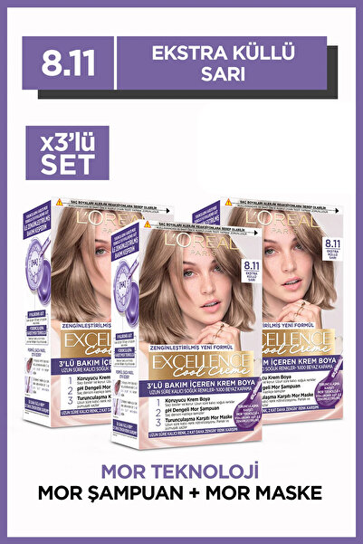 L'Oreal Paris Excellence Cool Creme Saç Boyası – 8.11 Ekstra Küllü Sarı 3'lü Set