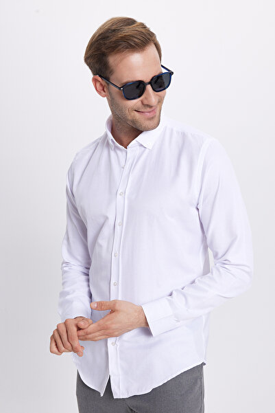 Tudors Fehér Slim Fit pamut ing - hosszú ujjú, könnyen vasalható, gombos gallérral