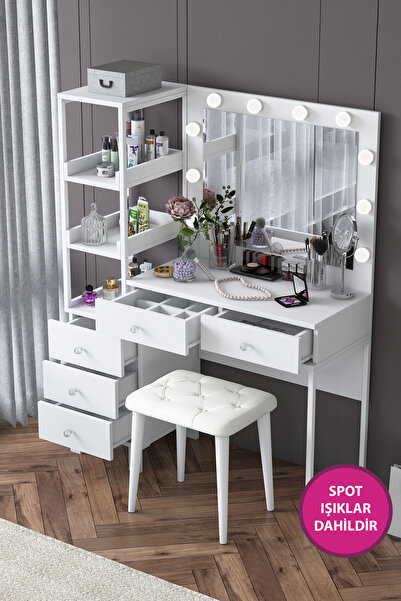 Rani Mobilya Rani BJ155 Makyaj Masası 5 Çekmeceli Raflı Işıklı Aynalı Takı Düzenleyici Puf Takım Beyaz