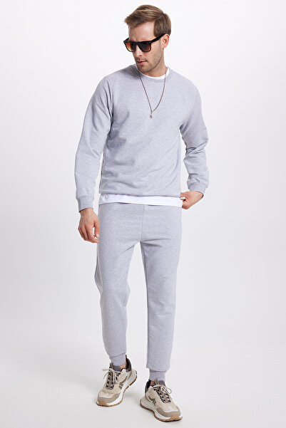 Tudors Men's relax fit cotton 2 thread soft texture crew neck grey tracksuit set