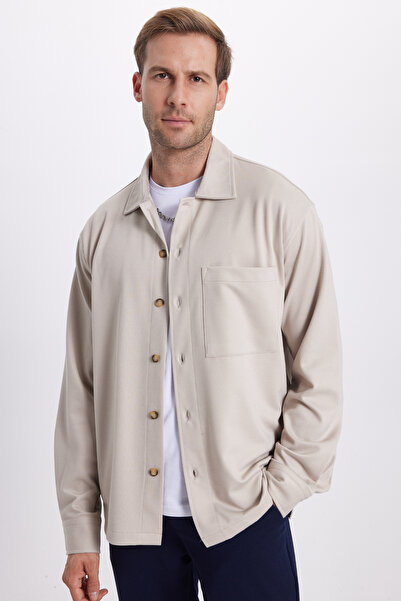 Tudors Ανδρικό πουκάμισο με μακρύ μανίκι, άνετο και πλεκτό από ύφασμα, άνοιγμα μπεζ