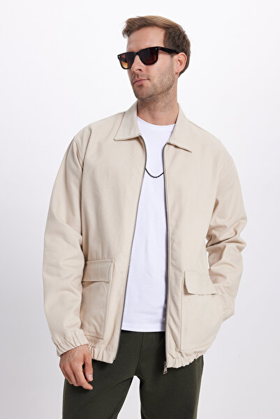 Tudors Erkek Relax Fit Rahat Kesim Çift Cep Kapaklı Fermuarlı Beli Lastikli Düz Bej Ceket Mont Gömlek