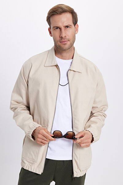 Tudors Erkek Relax Fit Rahat Kesim Çift Cep Kapaklı Fermuarlı Beli Lastikli Düz Bej Ceket Mont Gömlek