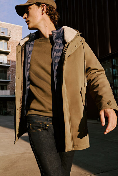 AC&Co / Altınyıldız Classics Men's Khaki Standard Fit Regular Cut Hooded Stand Collar Side Pocket Jacket Coat