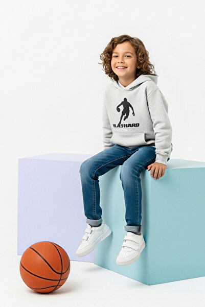 TRENDYOLKIDS Hanorac tricotat pentru băiat, din bumbac gri melange, imprimat, gros/cu fleece în interior, cu glugă, TKDAW26SW00033