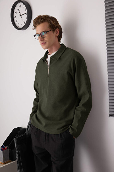 Trendyol Collection Khaki Oversize Polo Neck Plain Polo Neck T-Shirt/Sweatshirt Tmnaw26Po00000