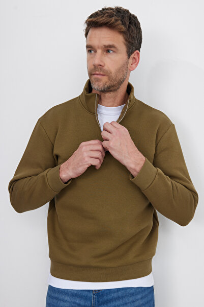 Tudors Unisex relax fit comfortable cut cotton fleece lined half zip green high neck sweatshirt