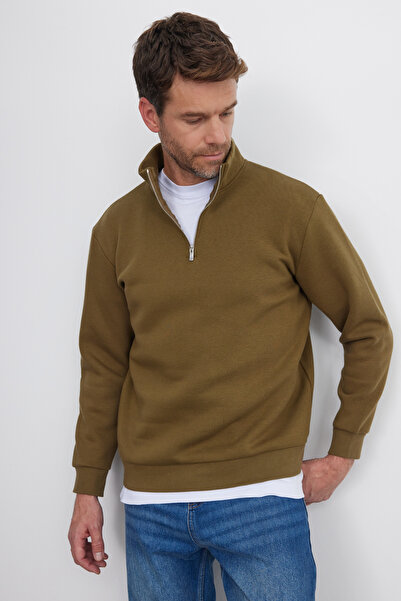 Tudors Unisex relax fit comfortable cut cotton fleece lined half zip green high neck sweatshirt