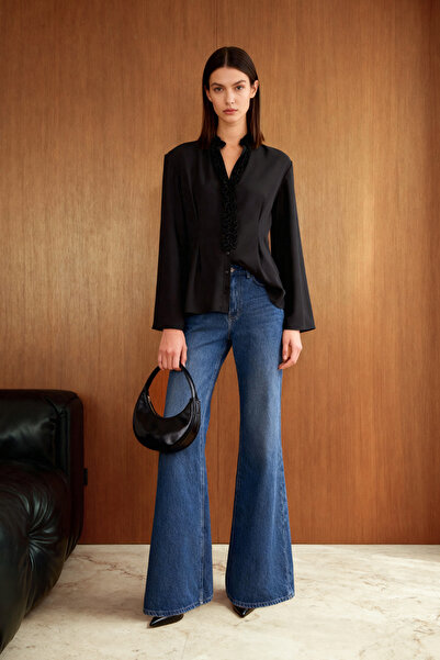 Trendyol Collection Black Judge Collar Ruffle Detailed Boho Shirt Twoaw26Go00023