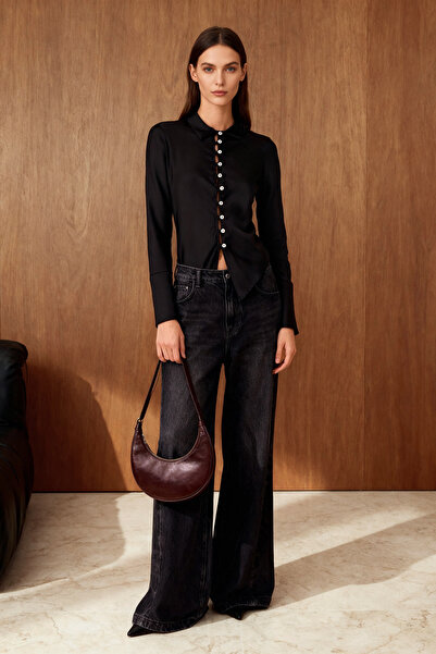 Trendyol Collection Black Button Detailed Waist Form Satin Shirt Twoaw26Go00029