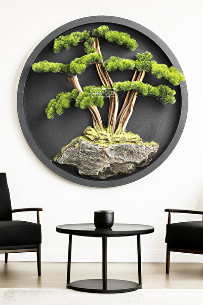 Yapay Çiçek Deposu Yapay Premium Hikari Bonsai Ağacı Tablo 90x90 cm Yeşil